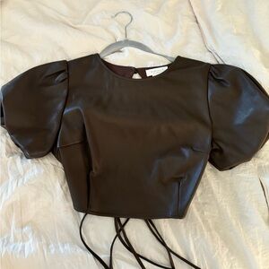 Brown leather puffy sleeve top